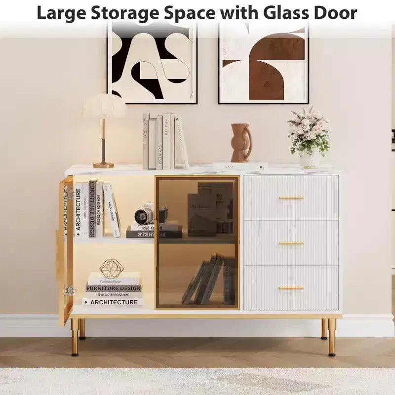 Sideboard Cabinet with Storage, Buffet Table with Faux Marble Top and Glass Doors for Dining Room
