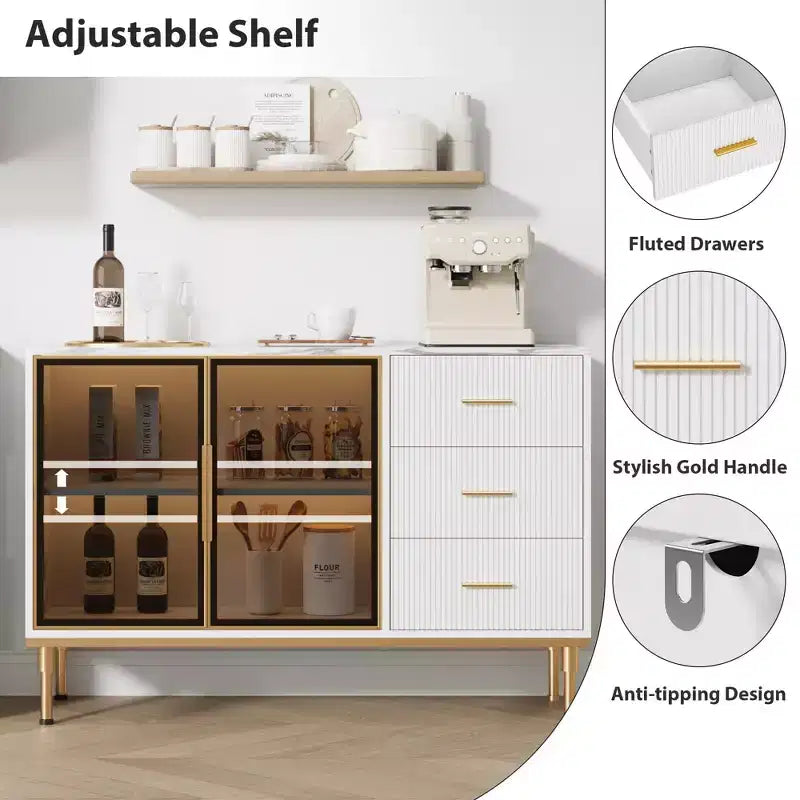 Sideboard Cabinet with Storage, Buffet Table with Faux Marble Top and Glass Doors for Dining Room