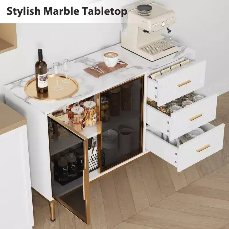 Sideboard Cabinet with Storage, Buffet Table with Faux Marble Top and Glass Doors for Dining Room
