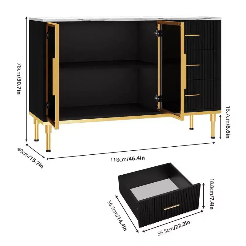 Sideboard Cabinet with Storage, Buffet Table with Faux Marble Top and Glass Doors for Dining Room