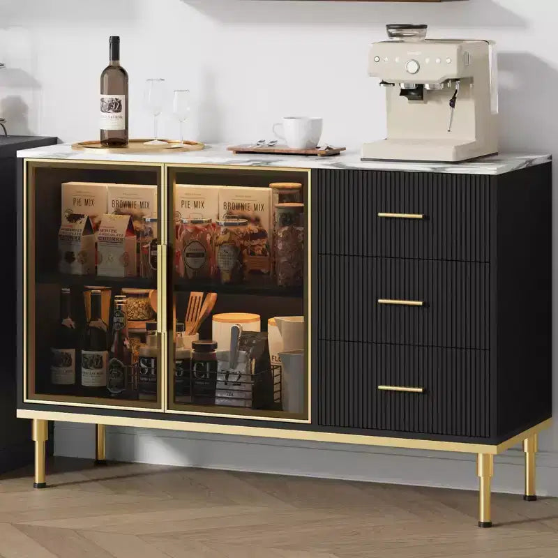Sideboard Cabinet with Storage, Buffet Table with Faux Marble Top and Glass Doors for Dining Room