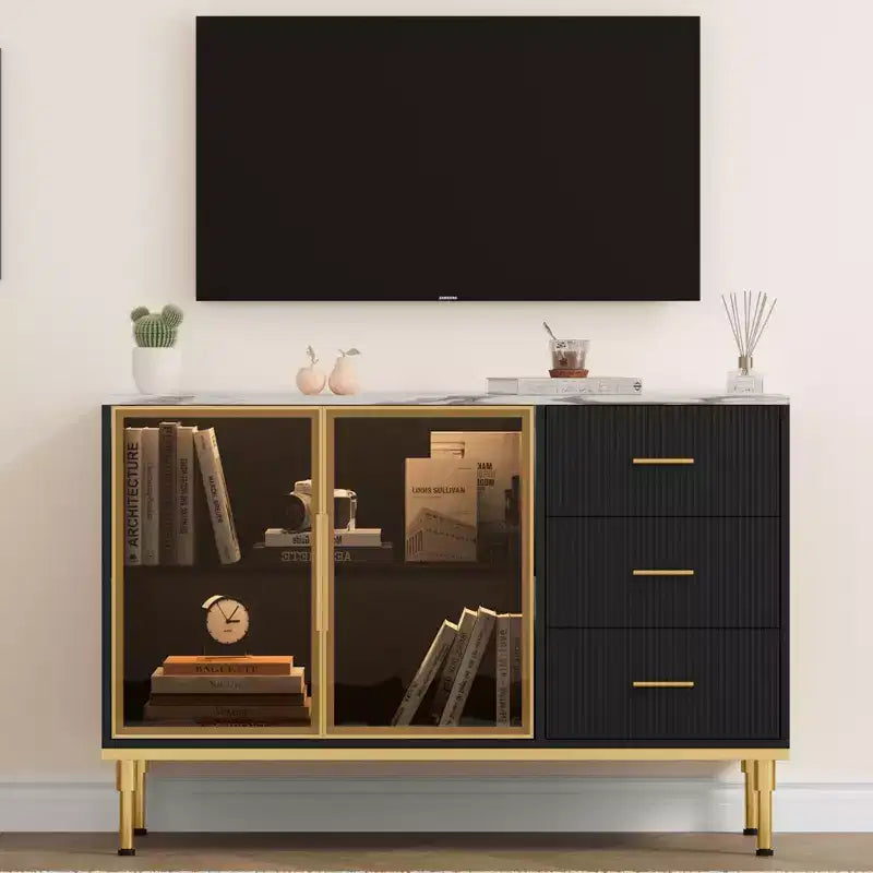 Sideboard Cabinet with Storage, Buffet Table with Faux Marble Top and Glass Doors for Dining Room