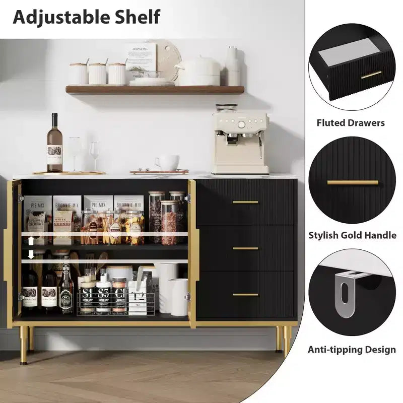 Sideboard Cabinet with Storage, Buffet Table with Faux Marble Top and Glass Doors for Dining Room