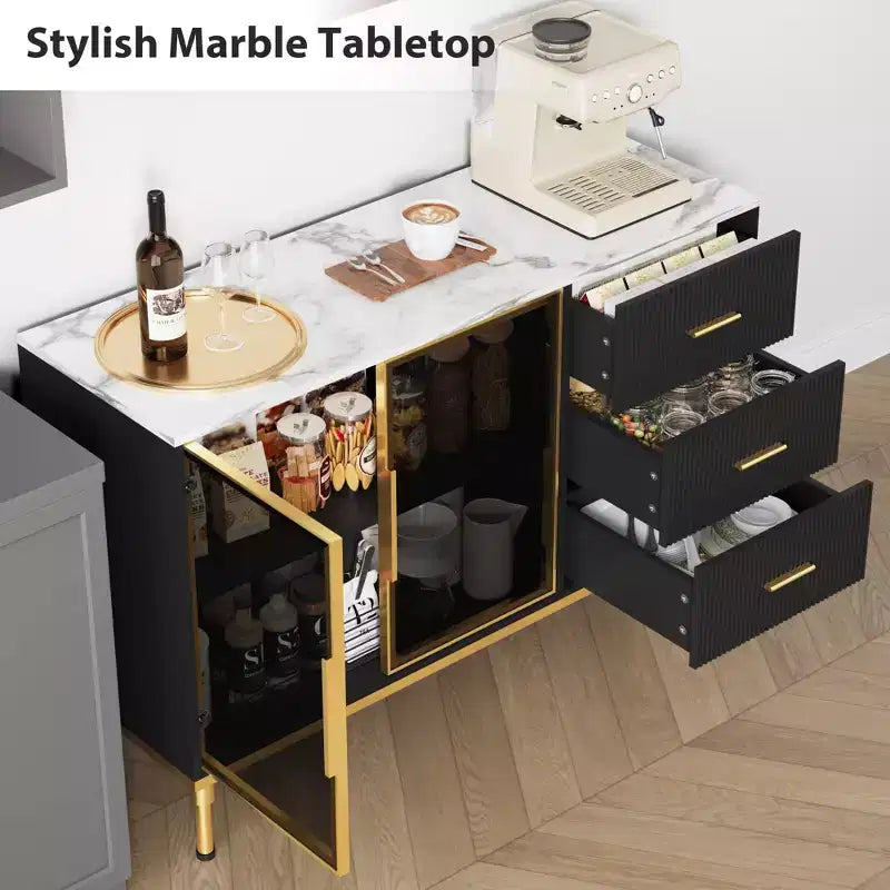 Sideboard Cabinet with Storage, Buffet Table with Faux Marble Top and Glass Doors for Dining Room