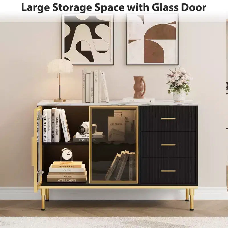 Sideboard Cabinet with Storage, Buffet Table with Faux Marble Top and Glass Doors for Dining Room