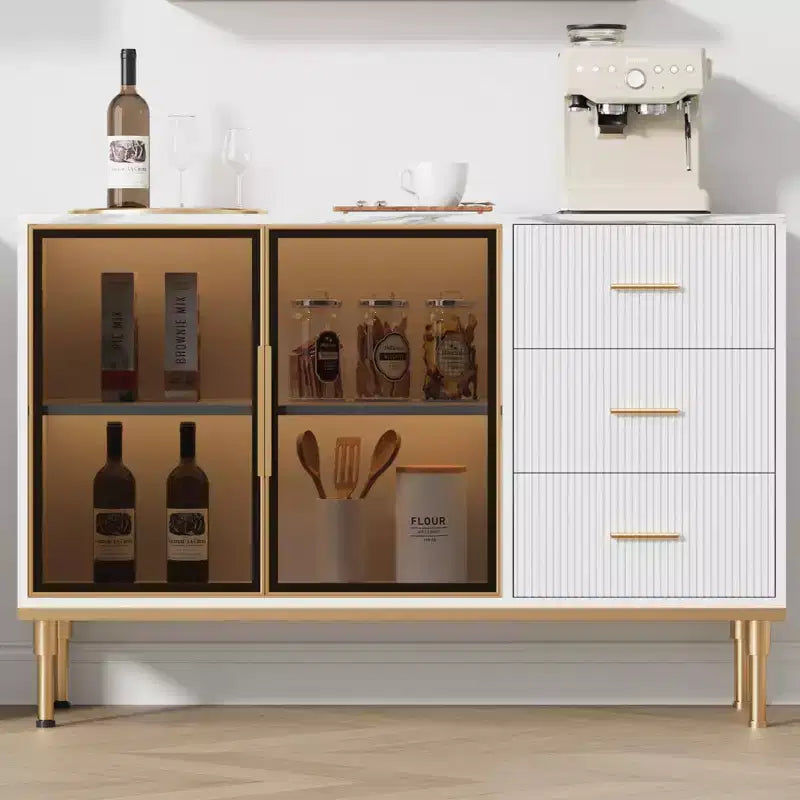 Sideboard Cabinet with Storage, Buffet Table with Faux Marble Top and Glass Doors for Dining Room