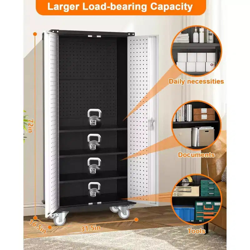 Metal Storage Cabinet with Wheels, Lockable Tool Cabinet with 4 Adjustable Shelves for Garage and Pantry
