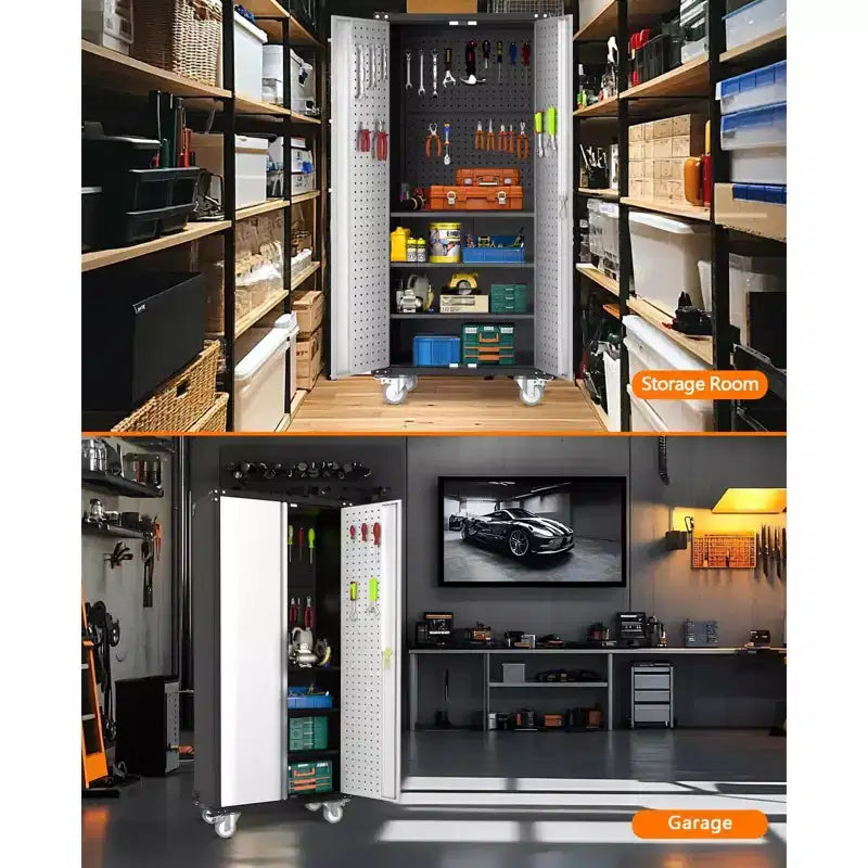 Metal Storage Cabinet with Wheels, Lockable Tool Cabinet with 4 Adjustable Shelves for Garage and Pantry