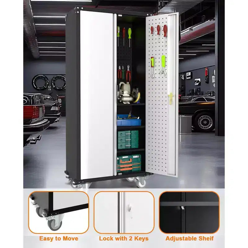 Metal Storage Cabinet with Wheels, Lockable Tool Cabinet with 4 Adjustable Shelves for Garage and Pantry