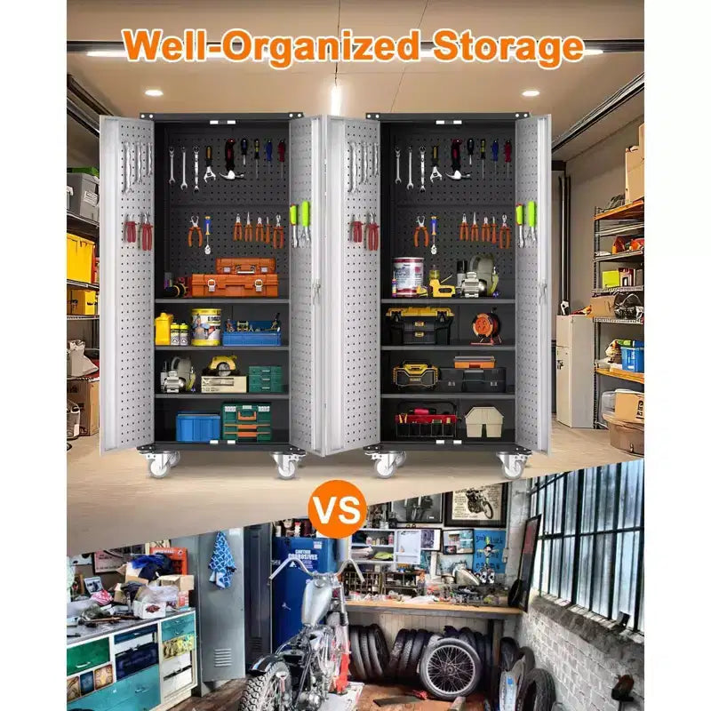Metal Storage Cabinet with Wheels, Lockable Tool Cabinet with 4 Adjustable Shelves for Garage and Pantry