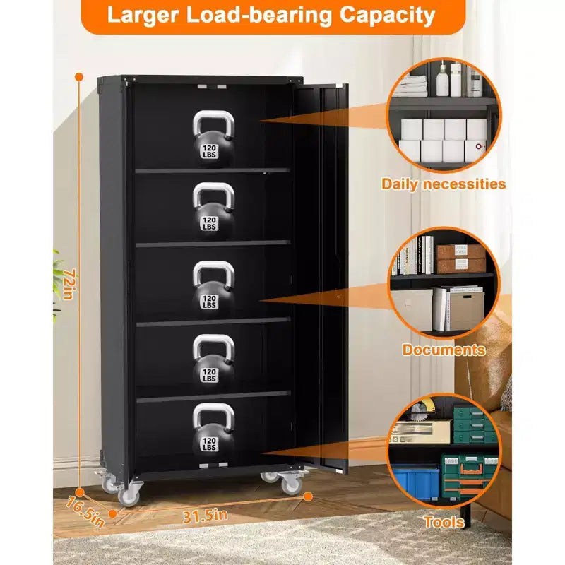 Metal Storage Cabinet with Wheels, Lockable Tool Cabinet with 4 Adjustable Shelves for Garage and Pantry