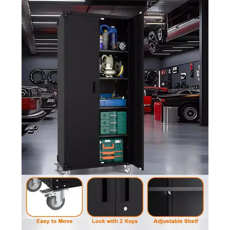 Metal Storage Cabinet with Wheels, Lockable Tool Cabinet with 4 Adjustable Shelves for Garage and Pantry