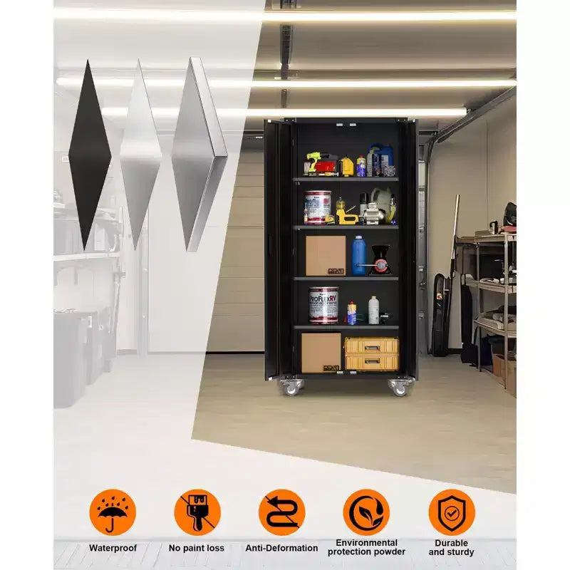 Metal Storage Cabinet with Wheels, Lockable Tool Cabinet with 4 Adjustable Shelves for Garage and Pantry