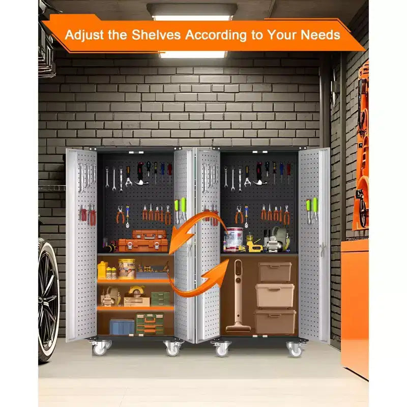 Metal Storage Cabinet with Wheels, Lockable Tool Cabinet with 4 Adjustable Shelves for Garage and Pantry