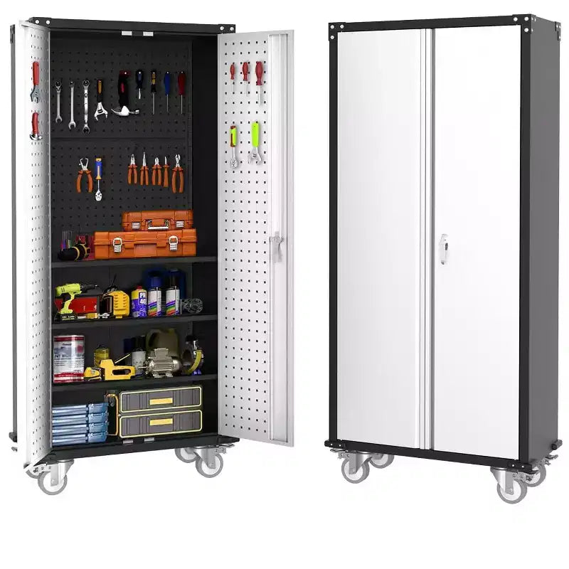 Metal Storage Cabinet with Wheels, Lockable Tool Cabinet with 4 Adjustable Shelves for Garage and Pantry