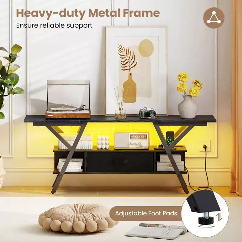 3-Tier TV Stand with Power Outlets for 65 TVs, LED Lights & Remote Storage Shelves Black/Brown