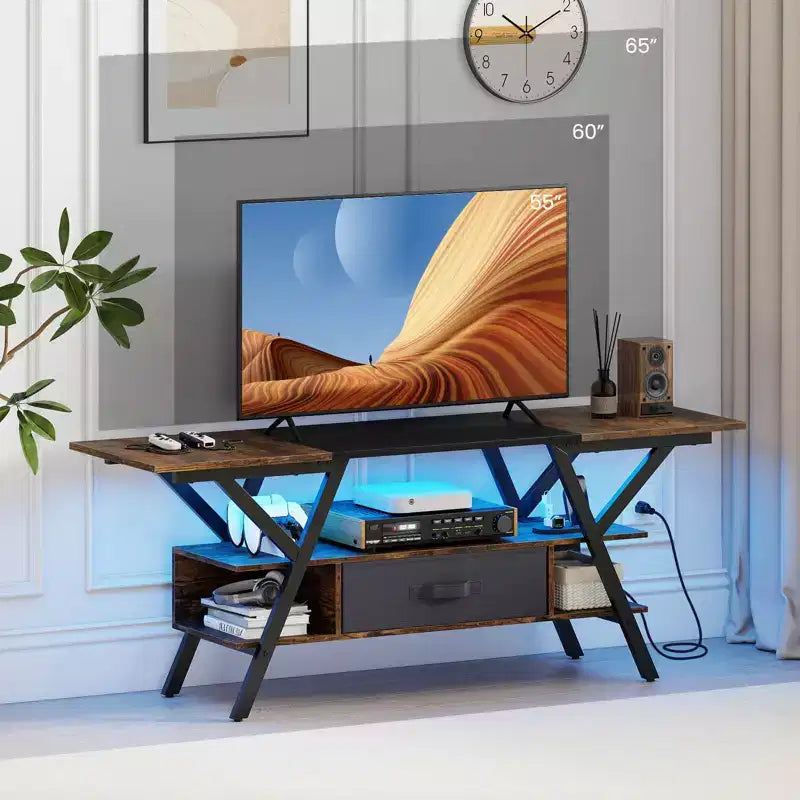 3-Tier TV Stand with Power Outlets for 65 TVs, LED Lights & Remote Storage Shelves Black/Brown