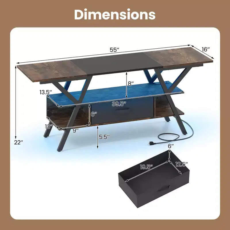 3-Tier TV Stand with Power Outlets for 65 TVs, LED Lights & Remote Storage Shelves Black/Brown
