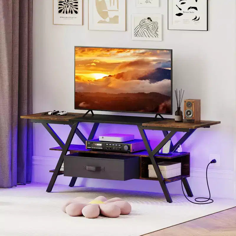 3-Tier TV Stand with Power Outlets for 65 TVs, LED Lights & Remote Storage Shelves Black/Brown