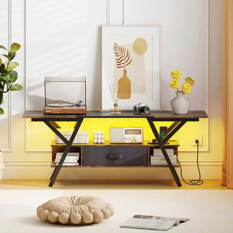 3-Tier TV Stand with Power Outlets for 65 TVs, LED Lights & Remote Storage Shelves Black/Brown