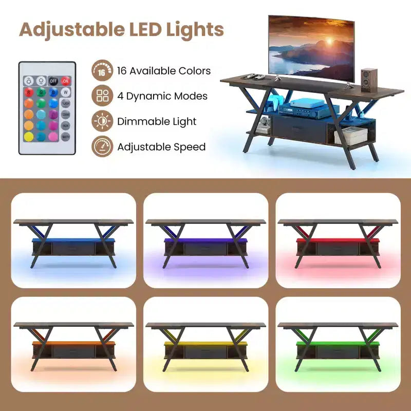 3-Tier TV Stand with Power Outlets for 65 TVs, LED Lights & Remote Storage Shelves Black/Brown