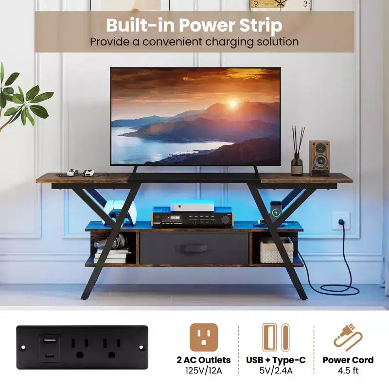 3-Tier TV Stand with Power Outlets for 65 TVs, LED Lights & Remote Storage Shelves Black/Brown