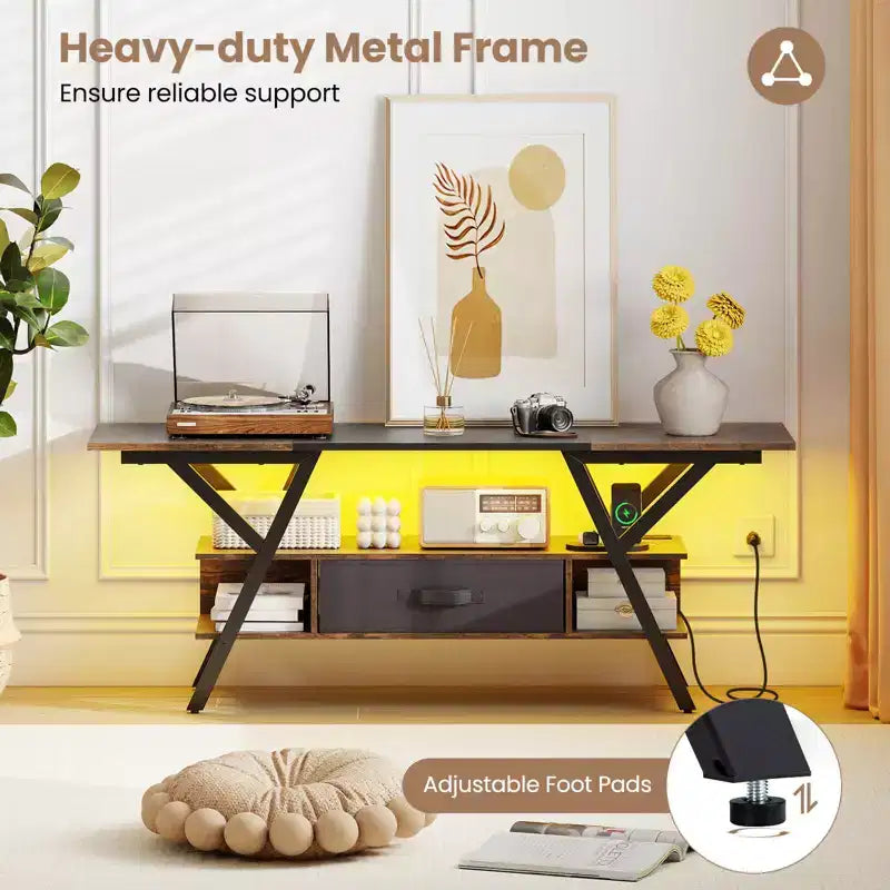 3-Tier TV Stand with Power Outlets for 65 TVs, LED Lights & Remote Storage Shelves Black/Brown