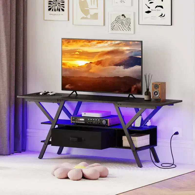 3-Tier TV Stand with Power Outlets for 65 TVs, LED Lights & Remote Storage Shelves Black/Brown