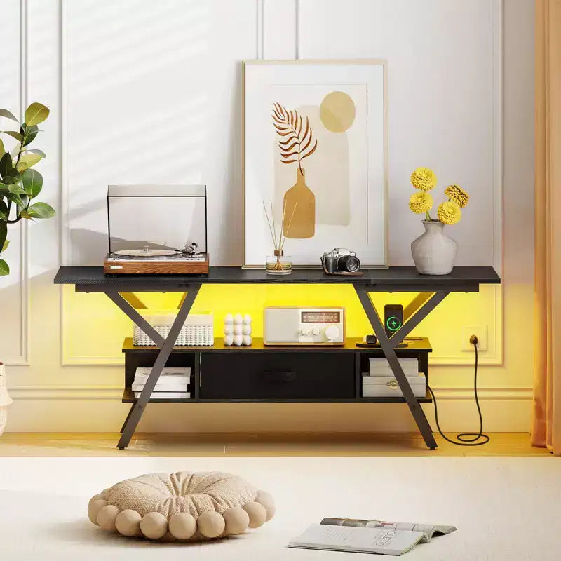 3-Tier TV Stand with Power Outlets for 65 TVs, LED Lights & Remote Storage Shelves Black/Brown
