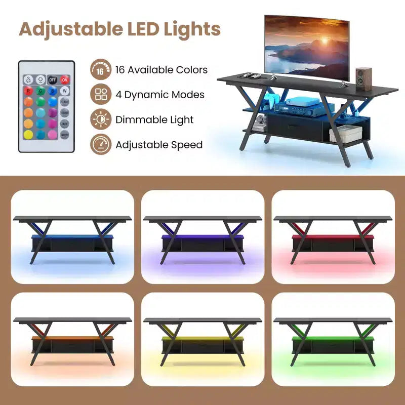 3-Tier TV Stand with Power Outlets for 65 TVs, LED Lights & Remote Storage Shelves Black/Brown
