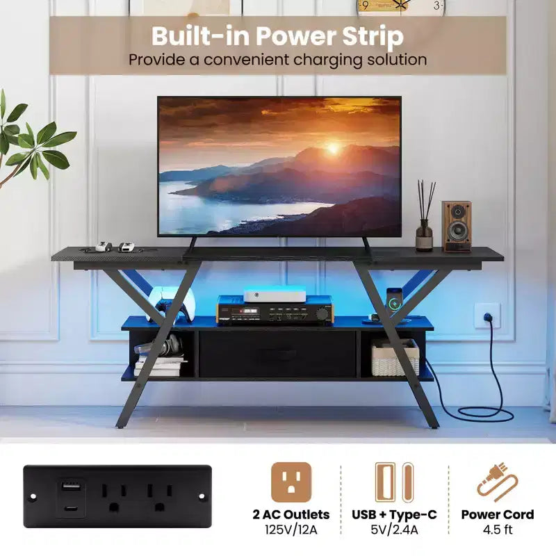 3-Tier TV Stand with Power Outlets for 65 TVs, LED Lights & Remote Storage Shelves Black/Brown