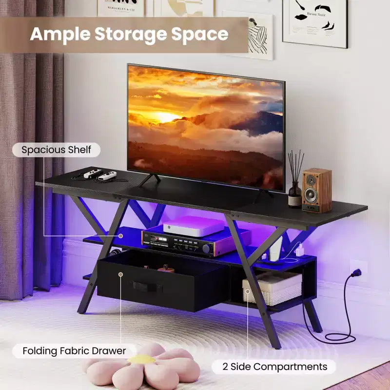 3-Tier TV Stand with Power Outlets for 65 TVs, LED Lights & Remote Storage Shelves Black/Brown