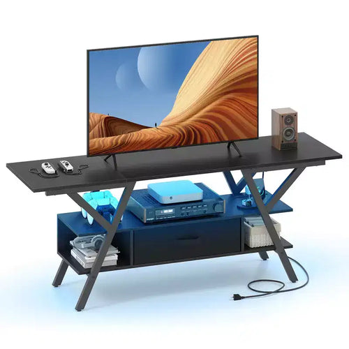 Costway 3-Tier TV Stand with Power Outlets for 65 TVs, LED Lights & Remote Storage Shelves Black/Brown