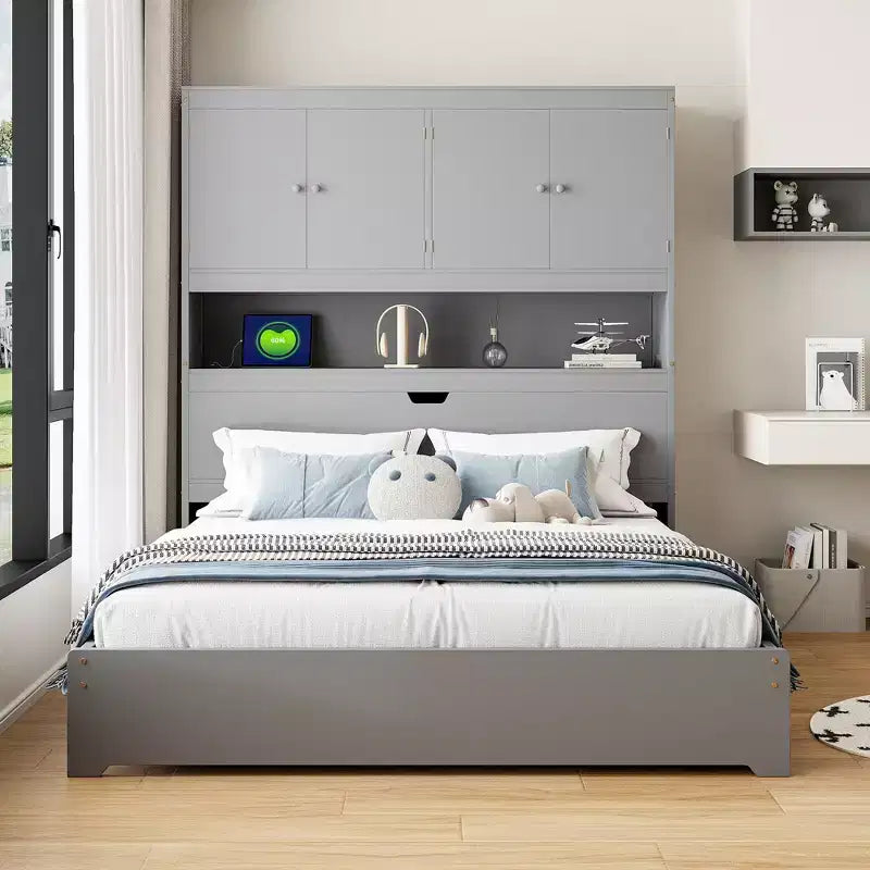 Full Size Platform Bed Frame with Drawers, Wooden Platform Bed with Storage Headboard and USB