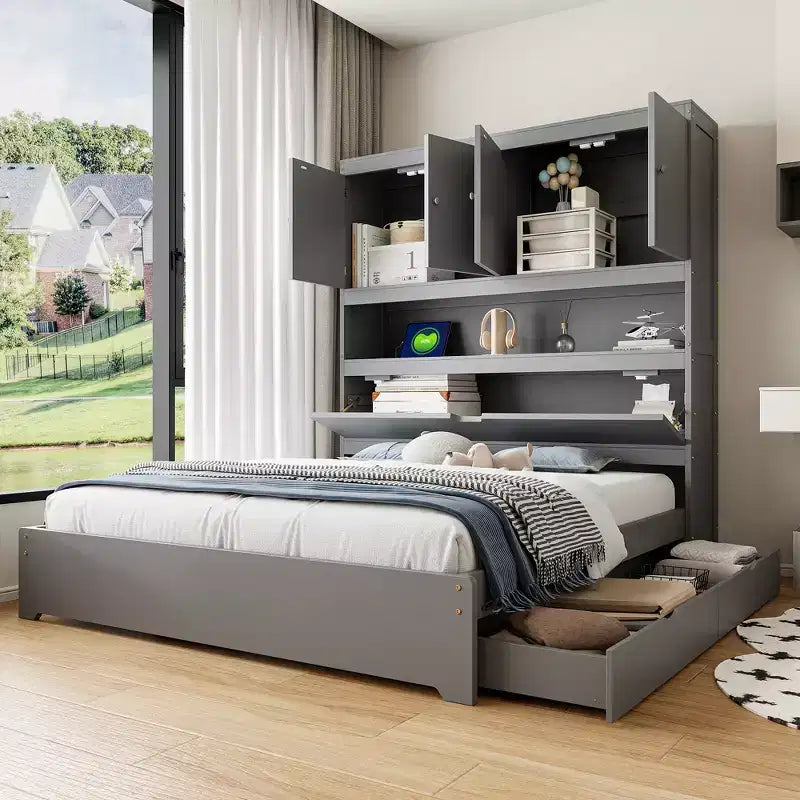 Full Size Platform Bed Frame with Drawers, Wooden Platform Bed with Storage Headboard and USB