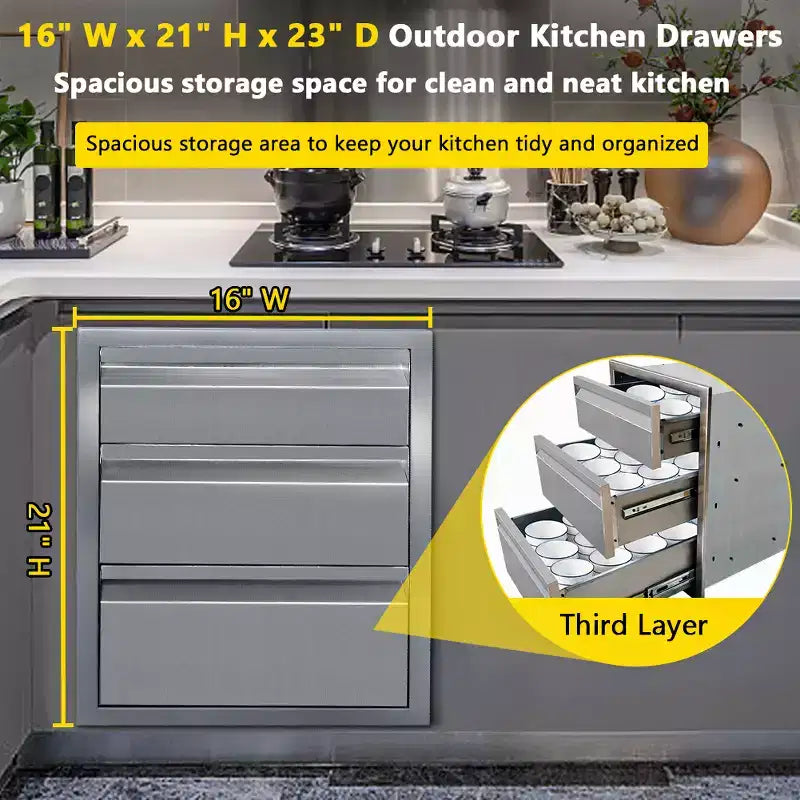 Outdoor Kitchen Storage Drawers, 3-Tier Stainless Steel, 18x23x23 Built-in Recessed Outdoor Drawers, BBQ Island for Outdoor Kitchens