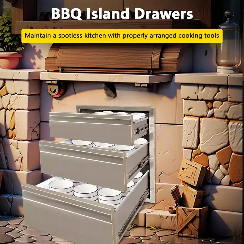 Outdoor Kitchen Storage Drawers, 3-Tier Stainless Steel, 18x23x23 Built-in Recessed Outdoor Drawers, BBQ Island for Outdoor Kitchens