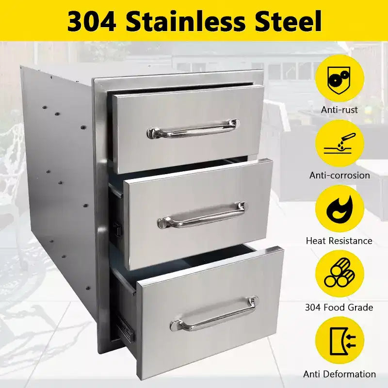 Outdoor Kitchen Storage Drawers, 3-Tier Stainless Steel, 18x23x23 Built-in Recessed Outdoor Drawers, BBQ Island for Outdoor Kitchens