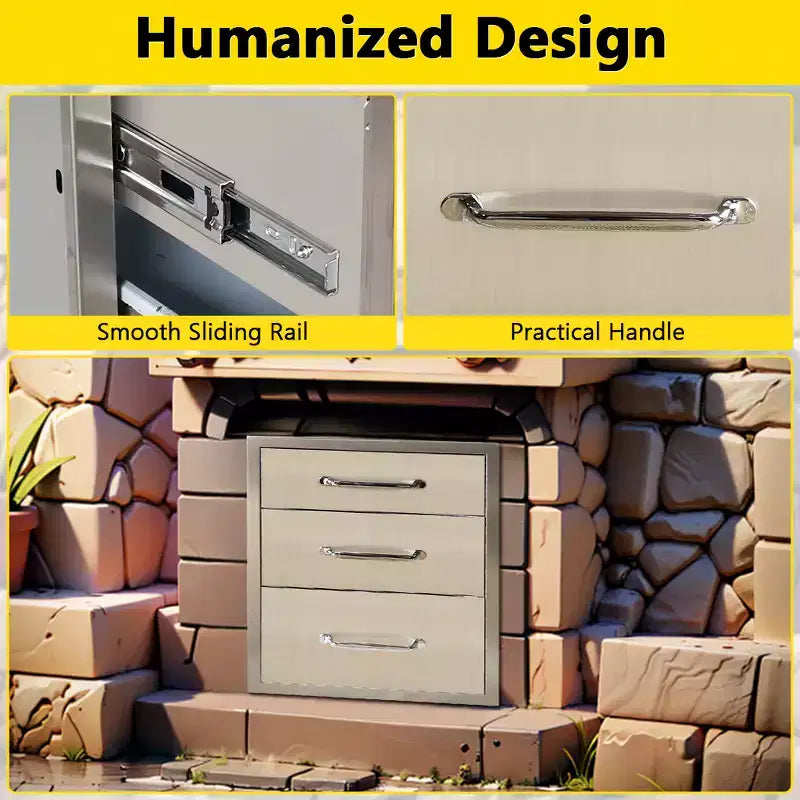 Outdoor Kitchen Storage Drawers, 3-Tier Stainless Steel, 18x23x23 Built-in Recessed Outdoor Drawers, BBQ Island for Outdoor Kitchens