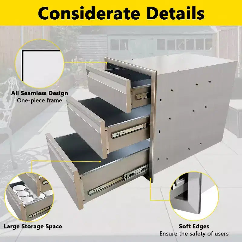 Outdoor Kitchen Storage Drawers, 3-Tier Stainless Steel, 18x23x23 Built-in Recessed Outdoor Drawers, BBQ Island for Outdoor Kitchens