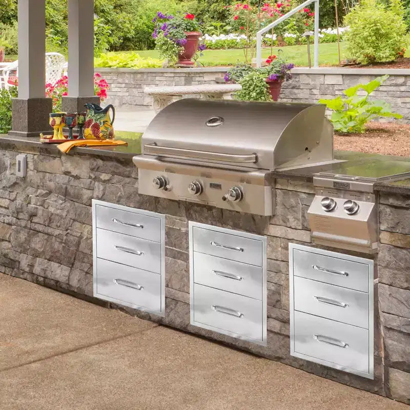 Outdoor Kitchen Storage Drawers, 3-Tier Stainless Steel, 18x23x23 Built-in Recessed Outdoor Drawers, BBQ Island for Outdoor Kitchens