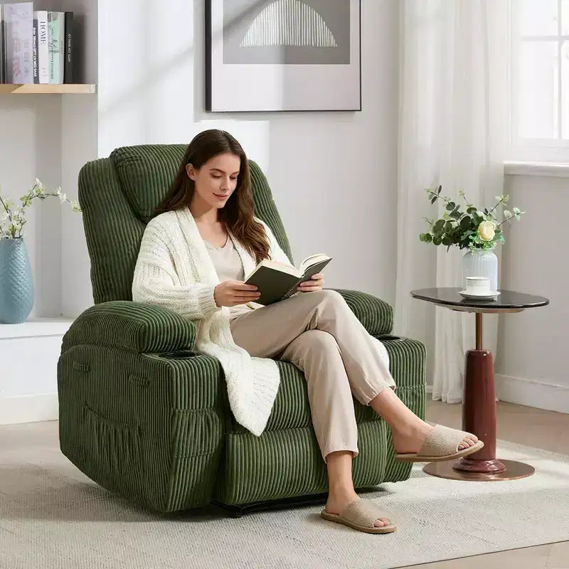 Power Recliner Chair with Massage and USB, 8-Point Vibration, Corduroy Fabric, Storage Pockets, Easy Assembly for Living Room, Bedroom