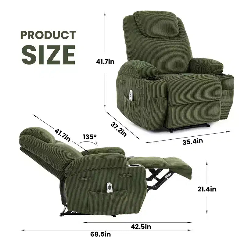 Power Recliner Chair with Massage and USB, 8-Point Vibration, Corduroy Fabric, Storage Pockets, Easy Assembly for Living Room, Bedroom
