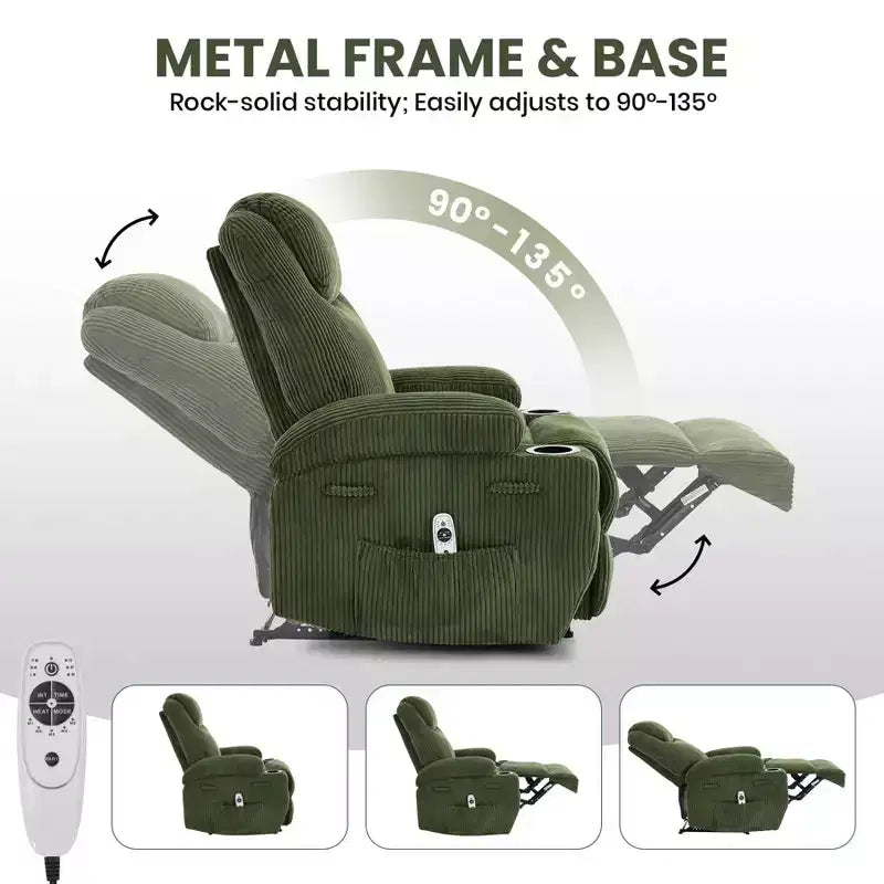 Power Recliner Chair with Massage and USB, 8-Point Vibration, Corduroy Fabric, Storage Pockets, Easy Assembly for Living Room, Bedroom