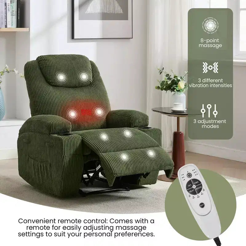Power Recliner Chair with Massage and USB, 8-Point Vibration, Corduroy Fabric, Storage Pockets, Easy Assembly for Living Room, Bedroom