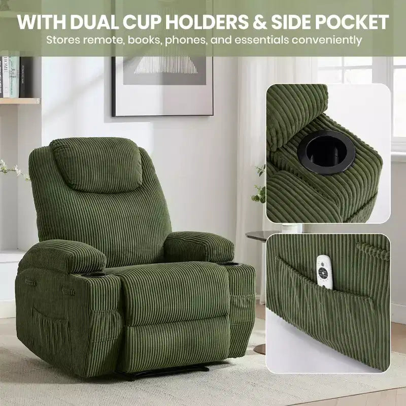 Power Recliner Chair with Massage and USB, 8-Point Vibration, Corduroy Fabric, Storage Pockets, Easy Assembly for Living Room, Bedroom