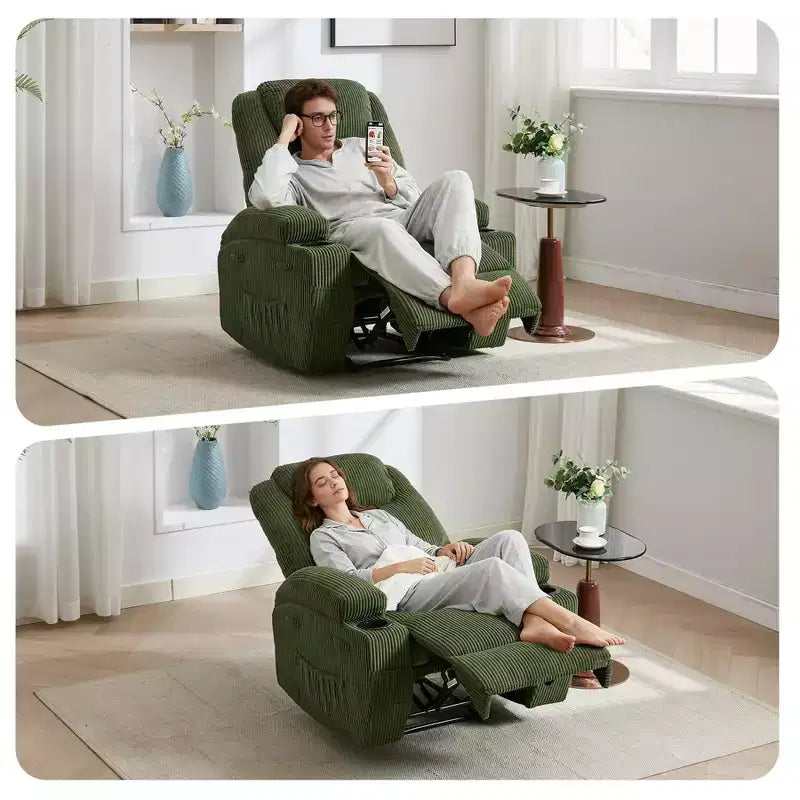Power Recliner Chair with Massage and USB, 8-Point Vibration, Corduroy Fabric, Storage Pockets, Easy Assembly for Living Room, Bedroom