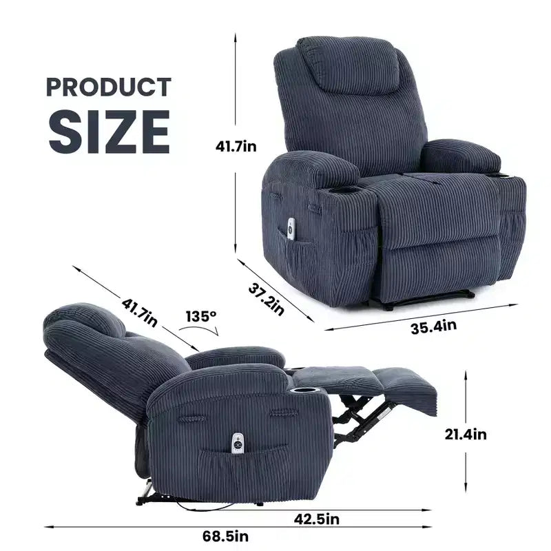 Power Recliner Chair with Massage and USB, 8-Point Vibration, Corduroy Fabric, Storage Pockets, Easy Assembly for Living Room, Bedroom