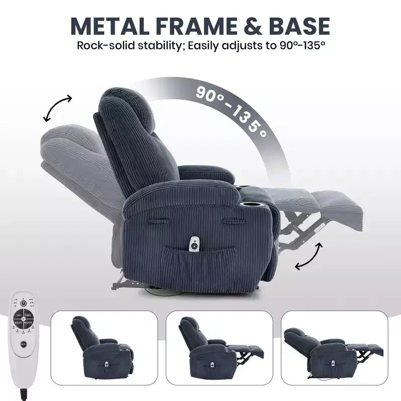 Power Recliner Chair with Massage and USB, 8-Point Vibration, Corduroy Fabric, Storage Pockets, Easy Assembly for Living Room, Bedroom