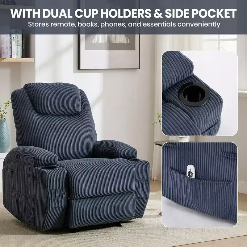 Power Recliner Chair with Massage and USB, 8-Point Vibration, Corduroy Fabric, Storage Pockets, Easy Assembly for Living Room, Bedroom